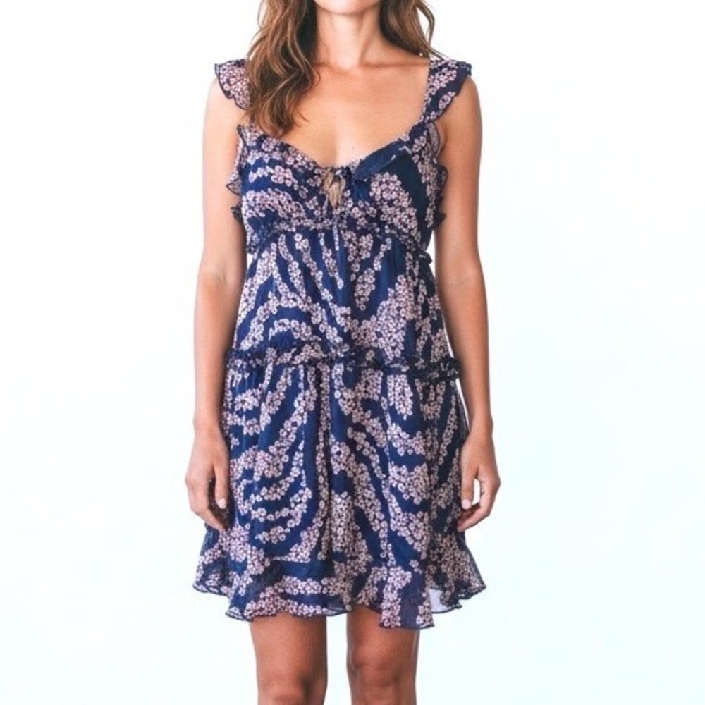 LA Designer Women's‎ Navy Pink Floral Ruffle Tiered Strappy Mini Dress Small NEW